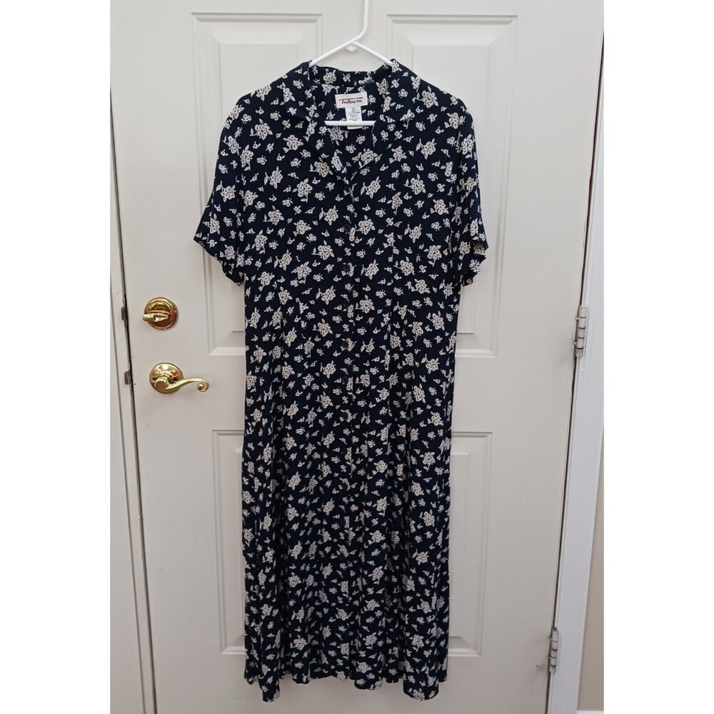 Talbots Maxi Dress Sz 12 Navy Blue Button Front Short‎ Sleeve Floral Cottagecore